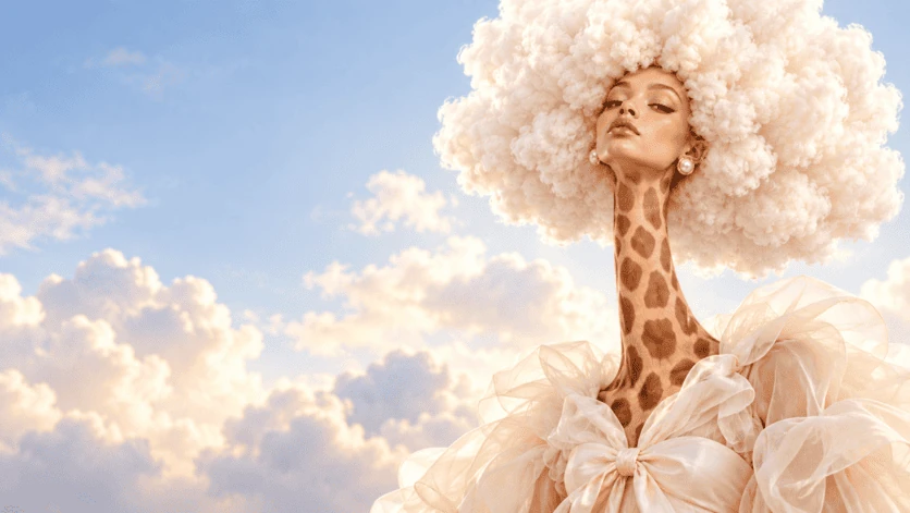 Portrait fantastique au cou de girafe et cheveux nuage, dans un ciel bleu