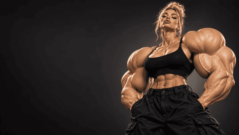 Personnage féminin aux muscles exagérés et tenue noire sur fond sombre