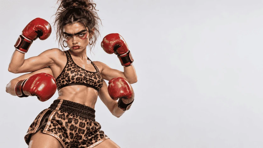 Personnage aux quatre bras portant des gants de boxe rouges
