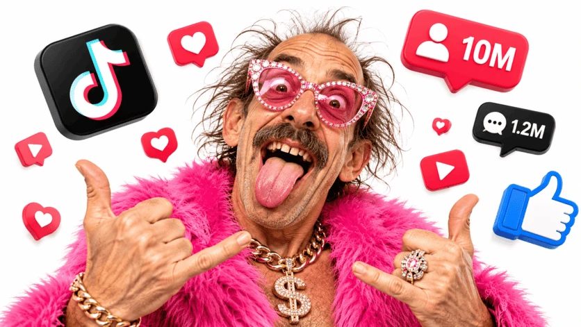 Personnage excentrique en fourrure rose, lunettes et icônes de réseaux sociaux aux compteurs fictifs
