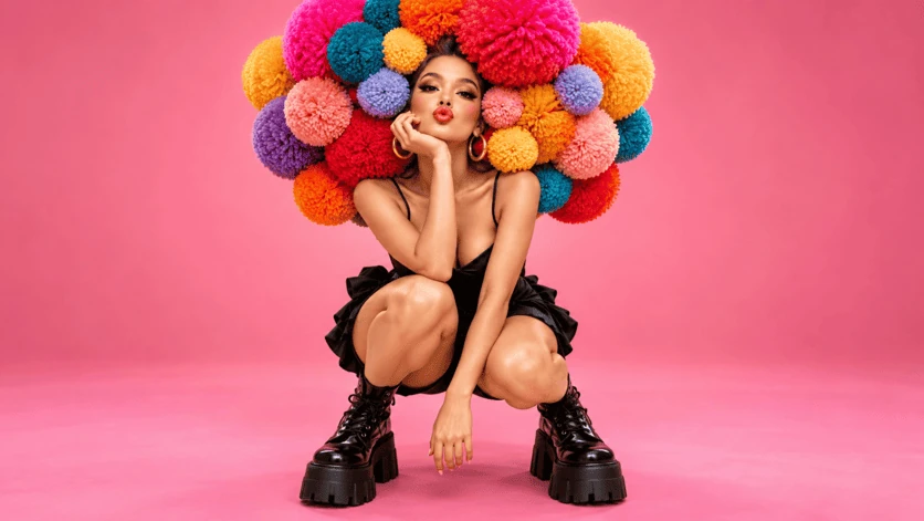 Personnage en robe noire et coiffure de pompons multicolores sur fond rose