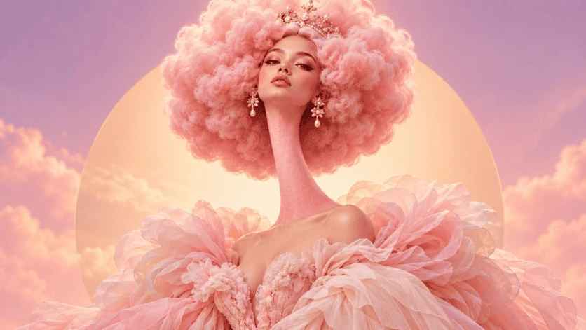 Portrait fantastique au long cou, chevelure rose et robe de tulle devant un soleil pastel