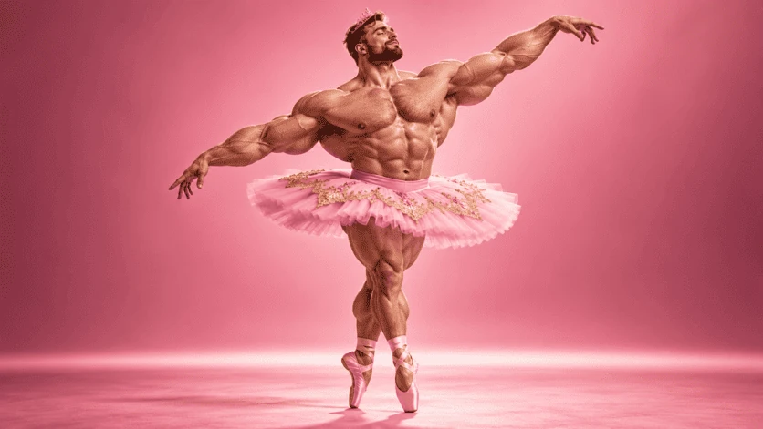 Danseur musclé en tutu rose et couronne sur fond rose