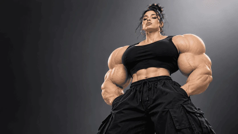 Personnage féminin aux muscles exagérés et tenue noire sur fond anthracite
