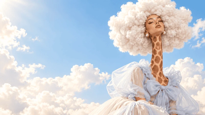 Personnage au cou de girafe et cheveux nuage dans un ciel bleu