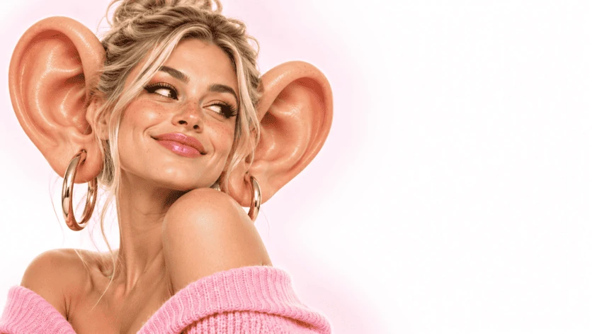 Portrait féminin aux grandes oreilles et pull rose sur fond blanc