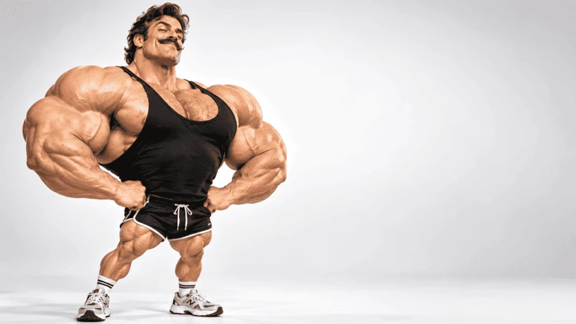 Personnage masculin musclé aux proportions exagérées, moustache et tenue de sport noire