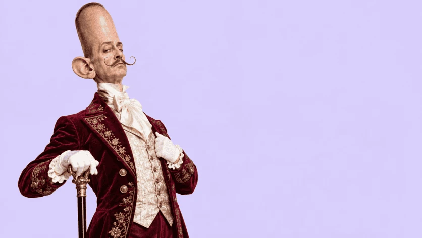 Personnage aristocratique au crâne démesuré, veste bordeaux et canne sur fond lavande