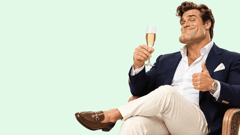 Personnage en costume bleu portant un toast dans un fauteuil sur fond menthe