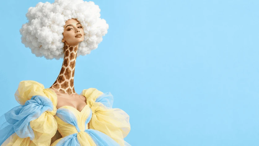 Portrait fantastique au cou de girafe, cheveux nuage et robe pastel sur fond bleu