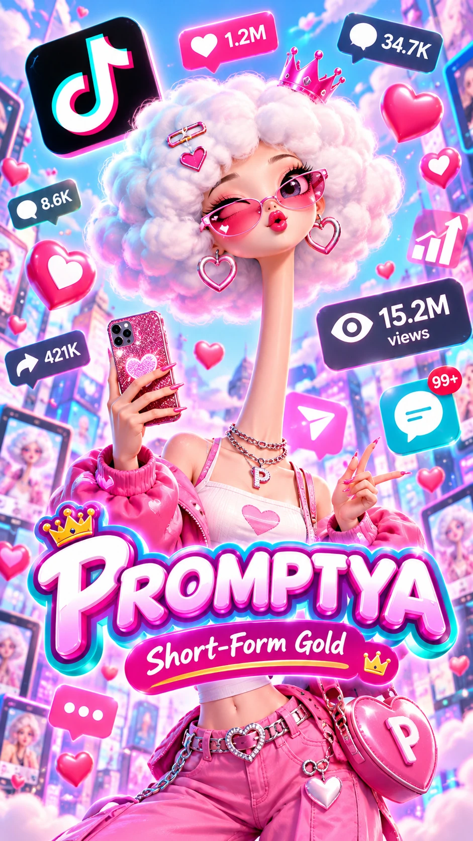 Affiche verticale pop rose : personnage au long cou et cheveux nuage