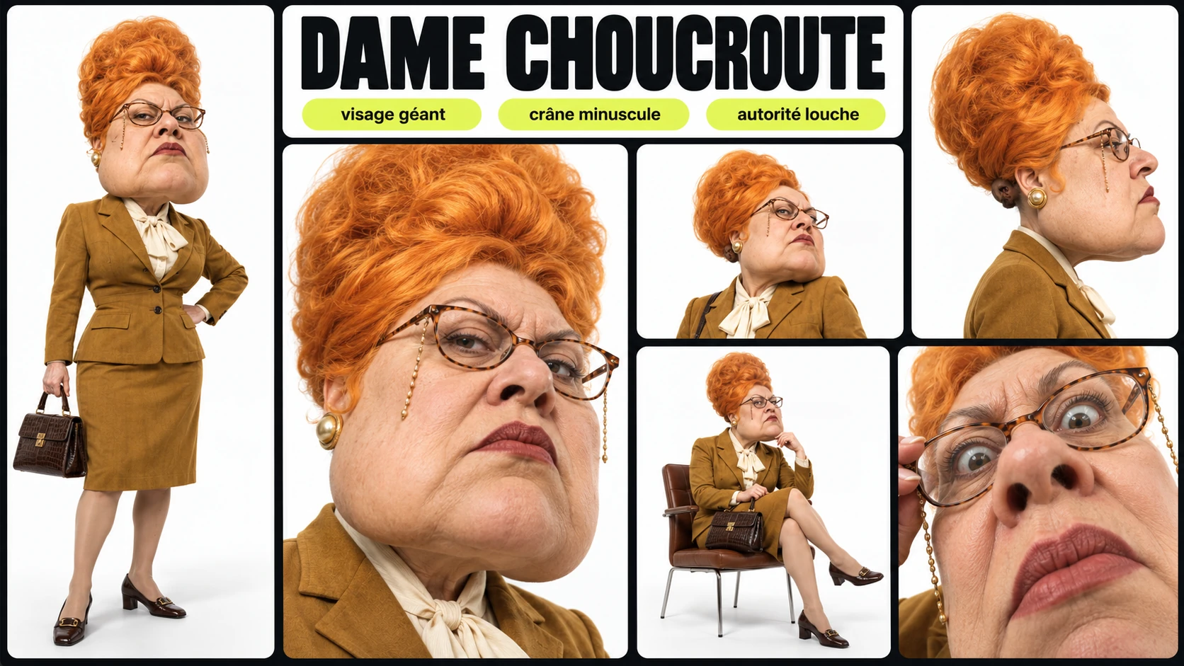 Planche complète de Dame Choucroute : silhouette, poses et expressions