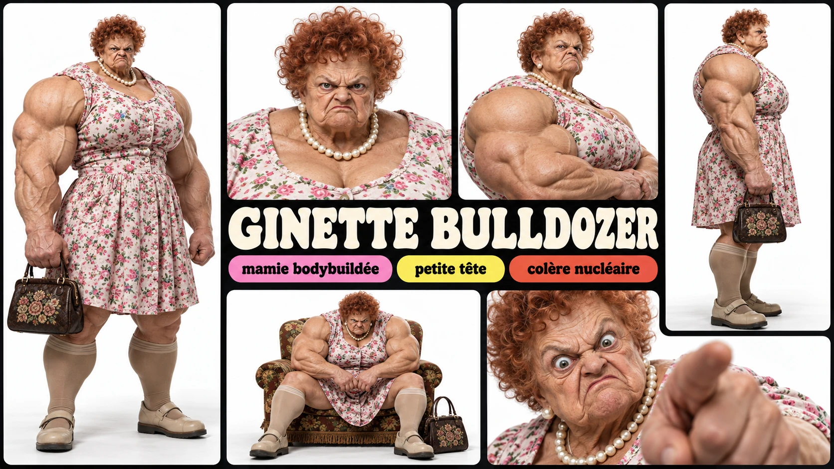 Planche complète de Ginette Bulldozer : silhouette, poses et expressions