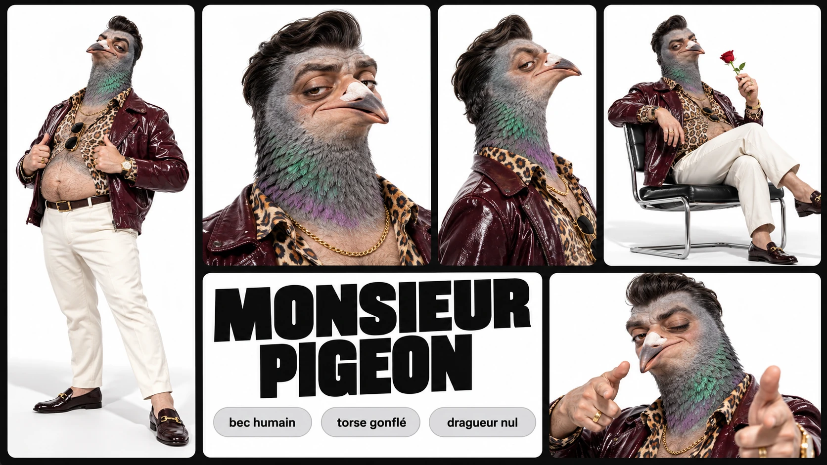 Planche complète de Monsieur Pigeon : silhouette, poses et expressions