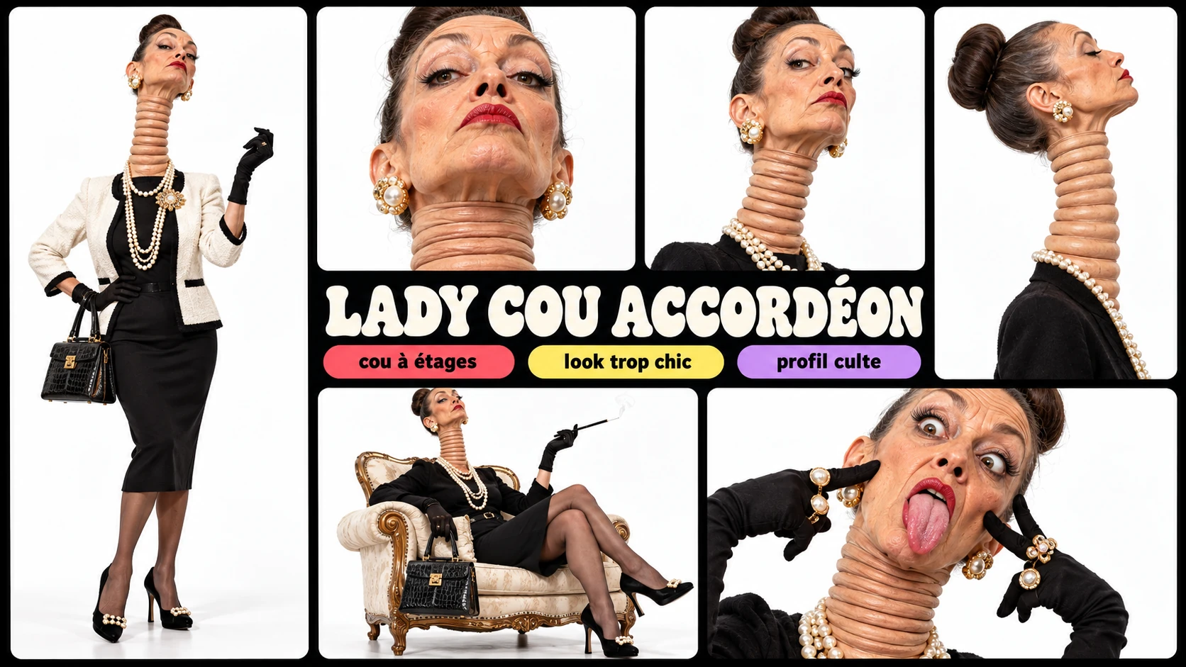 Planche complète de Lady Cou Accordéon : silhouette, poses et expressions