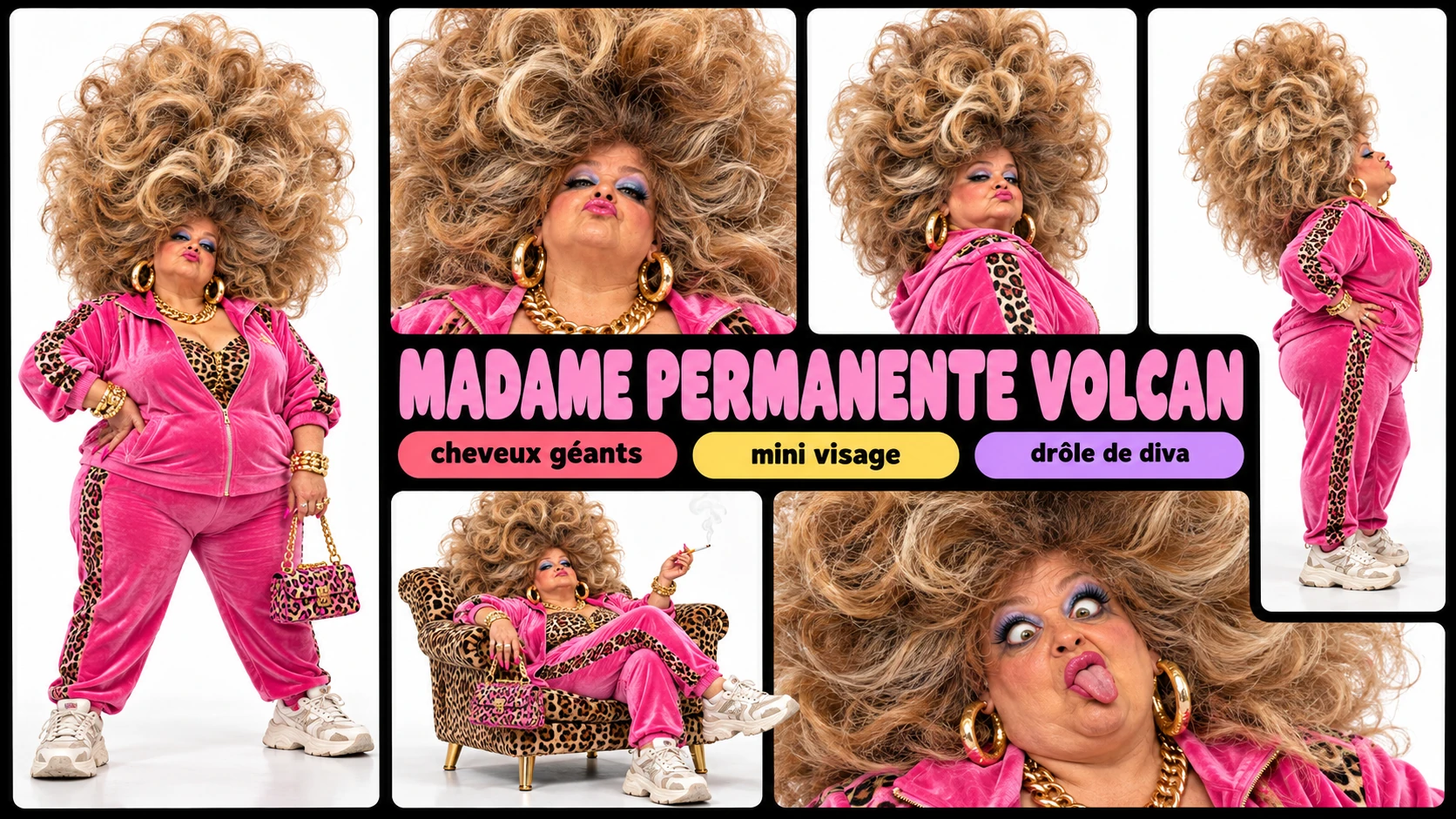 Planche complète de Madame Permanente Volcan : silhouette, poses et expressions