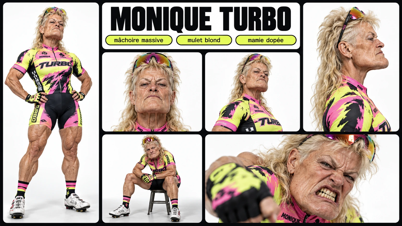 Planche complète de Monique Turbo : silhouette, poses et expressions