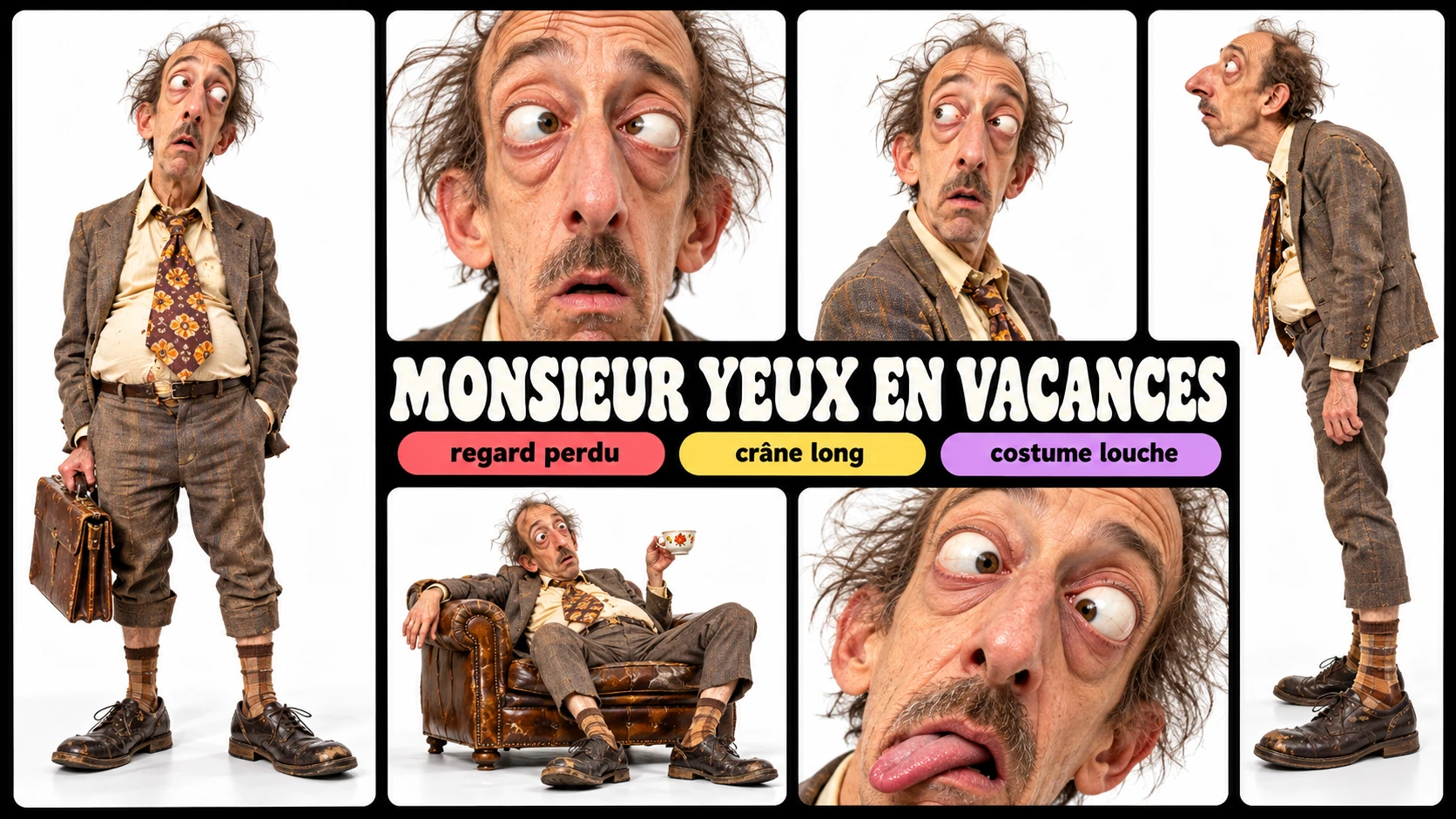 Planche complète de Monsieur Yeux en Vacances : silhouette, poses et expressions