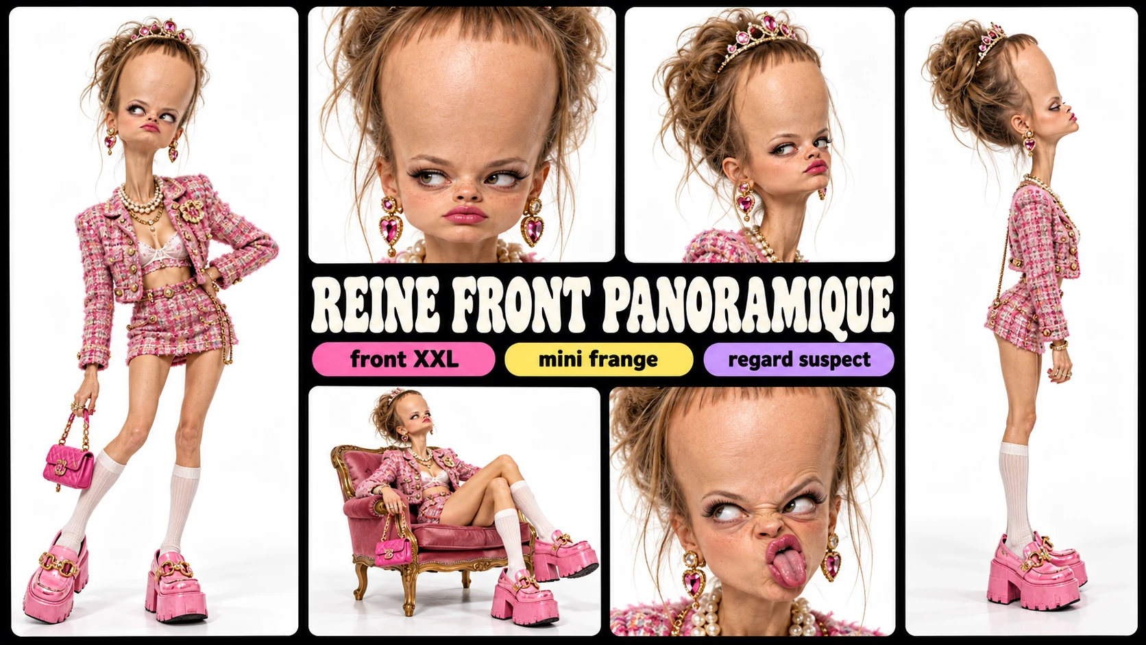 Planche complète de Reine Front Panoramique : silhouette, poses et expressions